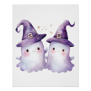 Affiche de Halloween mignonne duo de fantômes sorc