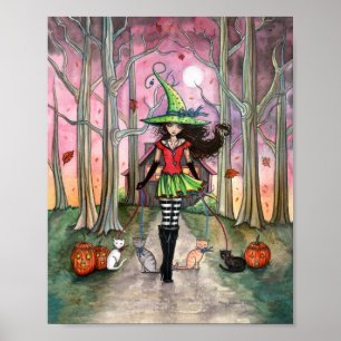 Affiche de Halloween Sorcière promenant les chats