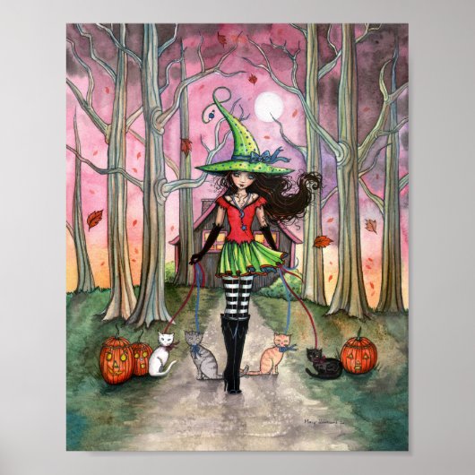 Affiche de Halloween Sorcière promenant les chats (Devant)
