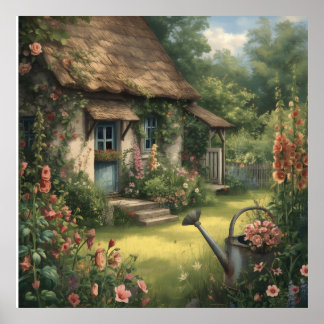 Affiche de jardin de cottage à toit de chaume avec
