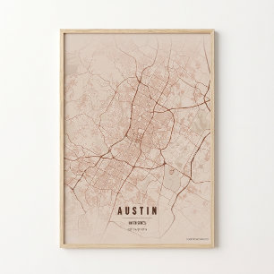 Affiche de la carte de cuivre d'Austin Texas City