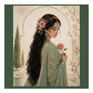 Affiche de la Dame Rose Persane | Portrait Émeraud