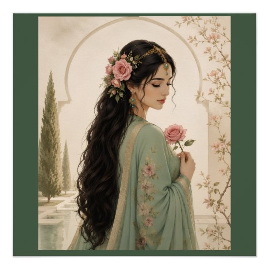 Affiche de la Dame Rose Persane | Portrait Émeraud (Devant)