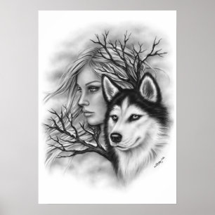 Affiche de la fille Wolf Husky Souls hiver