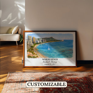 Affiche de la plage de Waikiki Hawaii, Aquarelle,