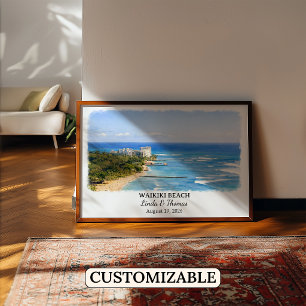 Affiche de la plage de Waikiki Hawaii, Aquarelle,