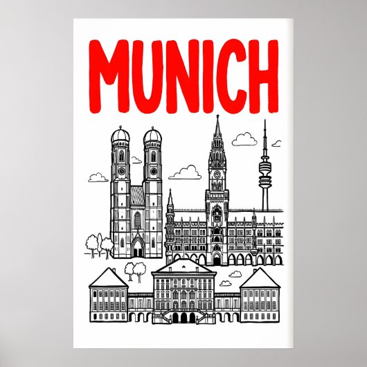 Affiche de la skyline de Munich, titre rouge, cont (Devant)