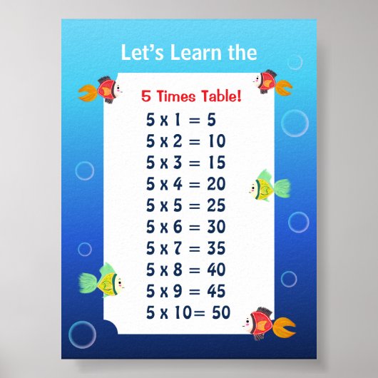 Affiche de la table de 5 pour les enfants | Mathém (Devant)