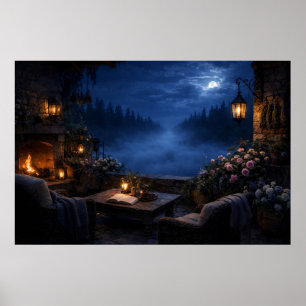 Affiche de la terrasse aux roses au clair de lune