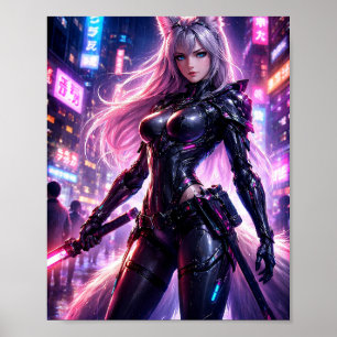 Affiche de la ville néon du renard guerrier cyberp