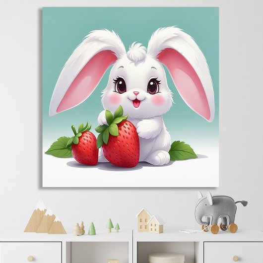 Affiche de lapin blanc mignon tenant des fraises
