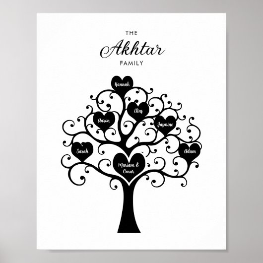 Affiche de l'arbre généalogique à cœurs noir et bl (Devant)
