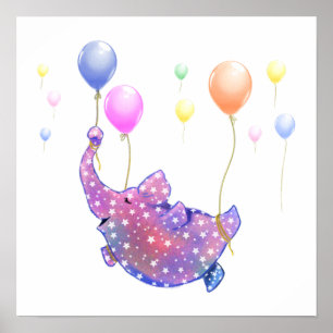 Affiche de l'éléphant volant avec des ballons colo