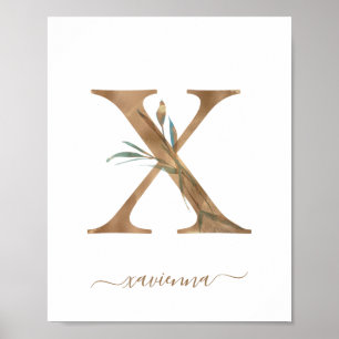 Affiche de lettre X en or à motif floral aquarelle