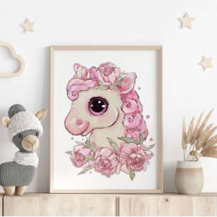 Affiche de licorne bébé rose   Impression murale