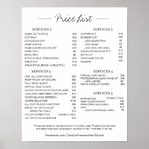 Affiche de liste de prix de salon, liste de prix m