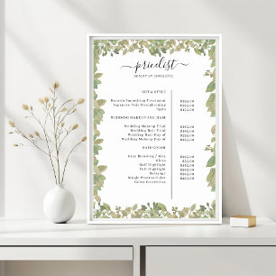 Affiche de liste de prix du salon de verdure
