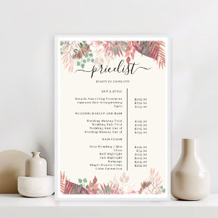 Affiche de liste de prix du salon de verdure Boho