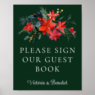 Affiche de livre d'or de mariage de Noël à fleurs