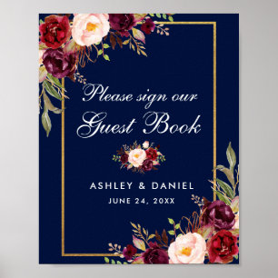 Affiche de livre d'or de mariage Floral Bourgogne 