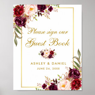 Affiche de livre d'or de mariage Floral Bourgogne 