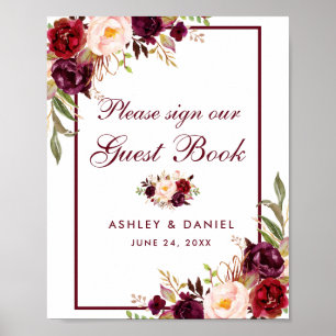 Affiche de livre d'or de mariage floral Bourgogne