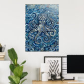 Affiche de l'océan de la pieuvre bleu blanc (Bureau à domicile)