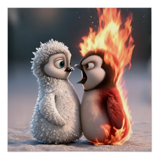 Affiche de manchot Amber & Frosty Fire and Ice (Devant)