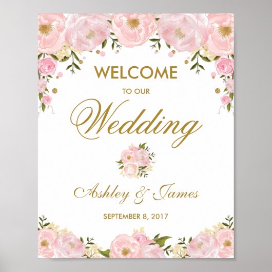 Affiche de mariage chic rose blush Fleurs Poster d (Devant)