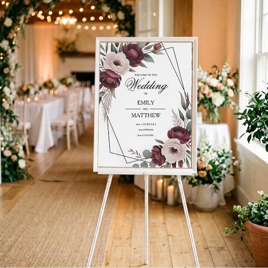 Affiche de mariage encadrée florale burgundy