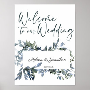 Affiche de mariage floral vert argenté de sauge