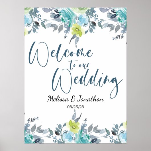 Affiche de mariage florale bleu clair jaune vert (Devant)