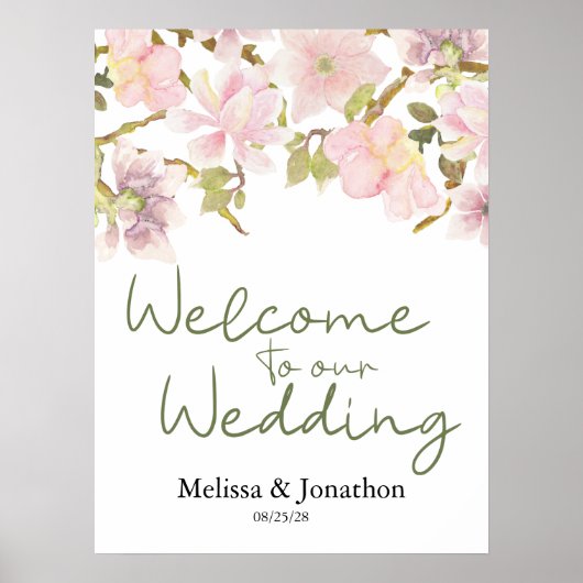 Affiche de mariage florale Magnolia Rouge Rosé (Devant)