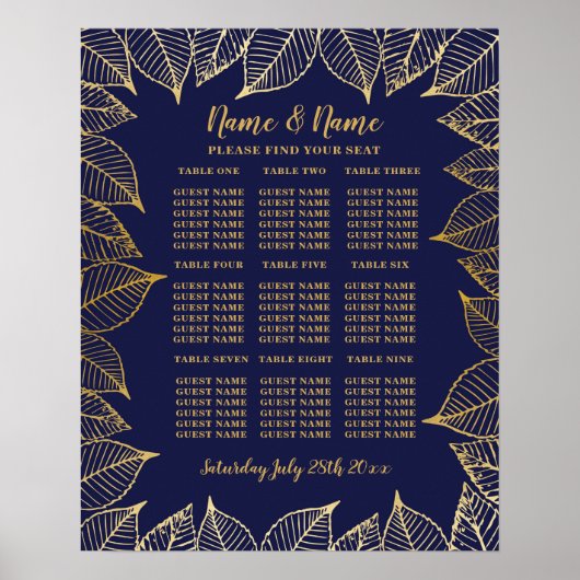 Affiche de mariage Table Plan Or 9 Places (Devant)