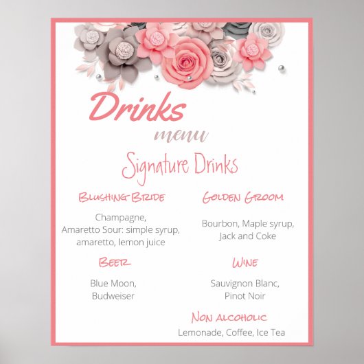 Affiche de Menu Boissons pour Mariage (Devant)