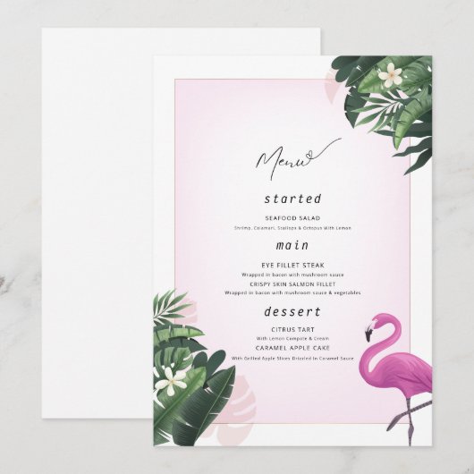 Affiche de menu d'anniversaire Flamant, Menu de fê (Devant / Derrière)