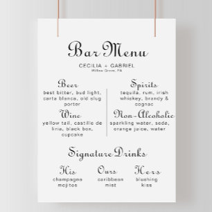 Affiche de menu de bar de mariage à calligraphie m