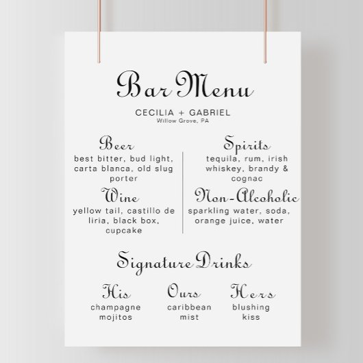 Affiche de menu de bar de mariage à calligraphie m