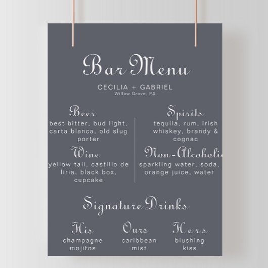Affiche de menu de bar de mariage bohème simple po