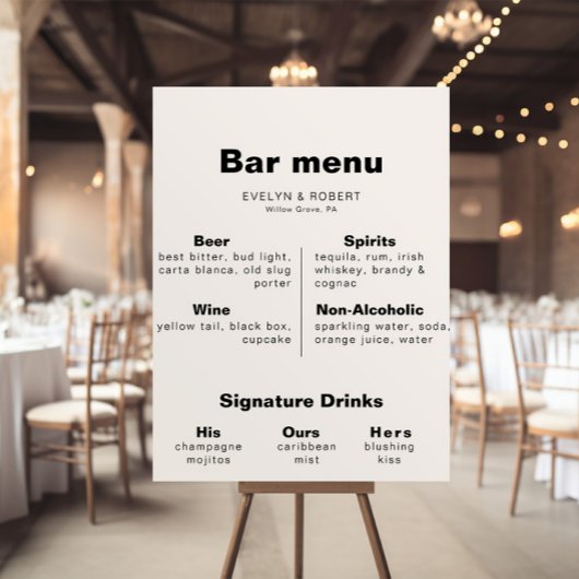 Affiche de menu de bar de mariage formel élégant m