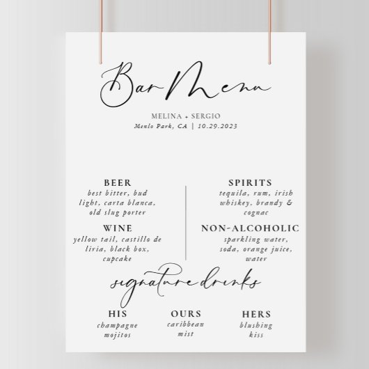 Affiche de menu de bar de mariage noir gris callig