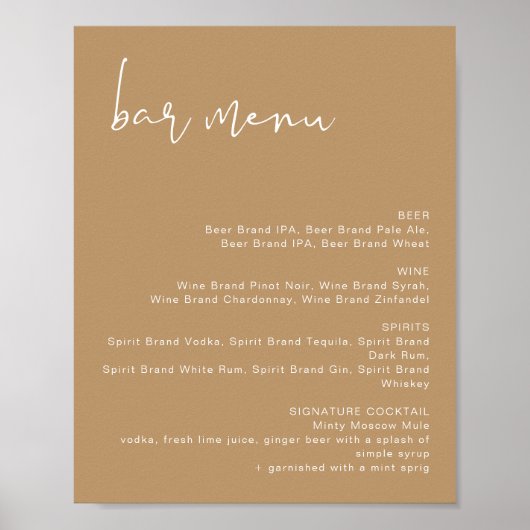 Affiche de menu de bar de mariage ton terreux Boho (Devant)