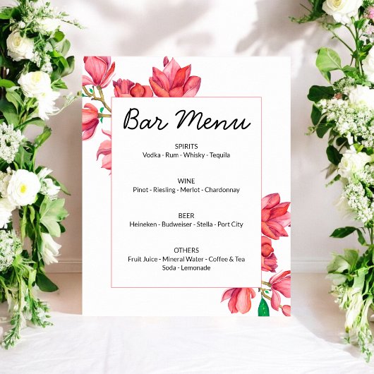 Affiche de menu de bar rose blanc floral