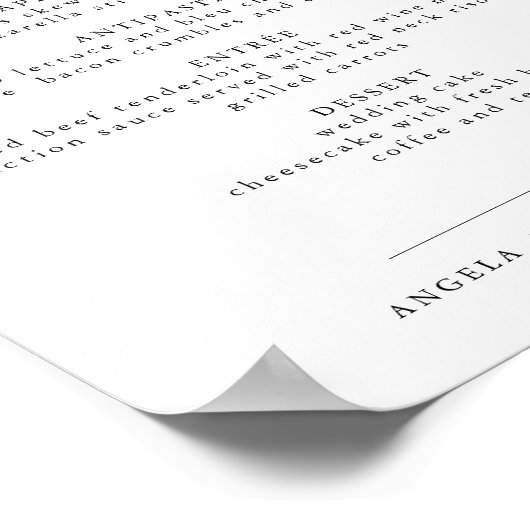 AFFICHE DE MENU DE MARIAGE ÉLÉGANTE CALLIGRAPHIE A (Coin)