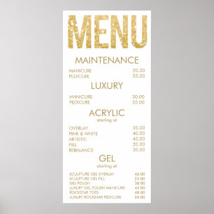 Affiche de menu de salon à paillettes noir et or