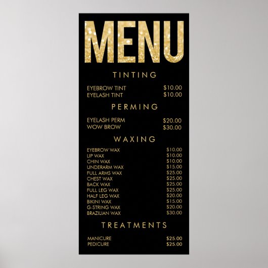 Affiche de menu de salon à paillettes noir et or (Devant)