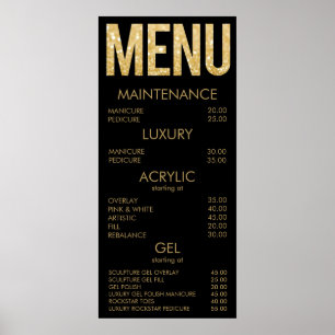 Affiche de menu pour salon de glitter noir et or