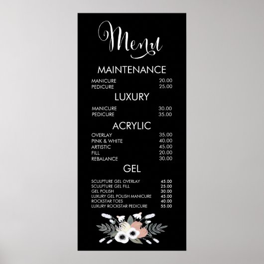 Affiche de menu pour salon de glitter noir et rose (Devant)