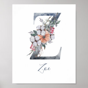 Affiche de monogramme à l'aquarelle florale bleue