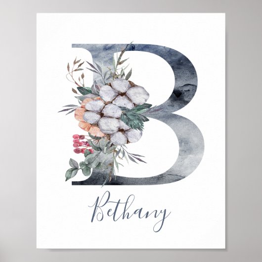 Affiche de monogramme à l'aquarelle florale bleue (Devant)